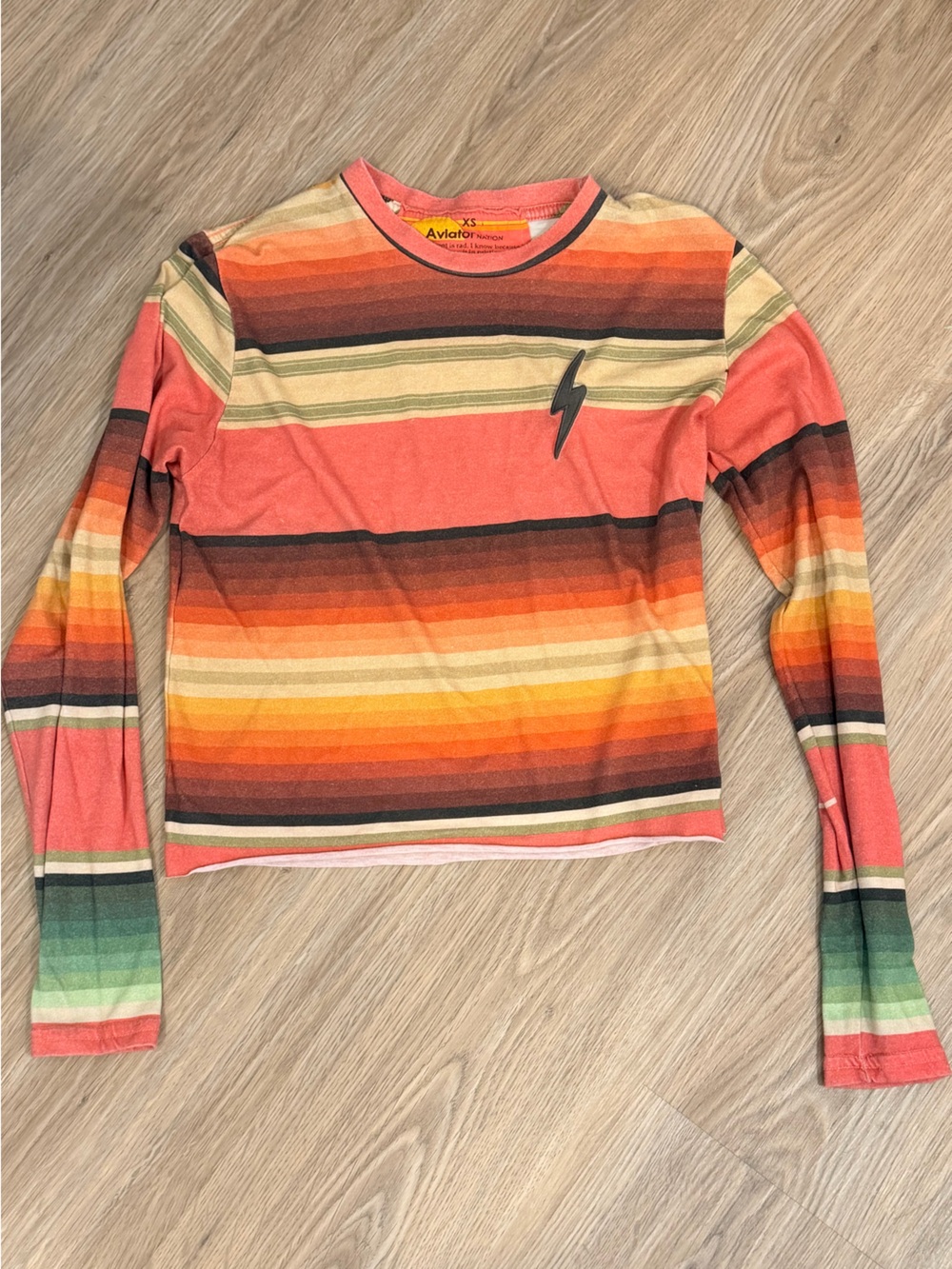Aviator Nation Coral Multi-Stripe Lightning Bolt Long Sleeve Tee